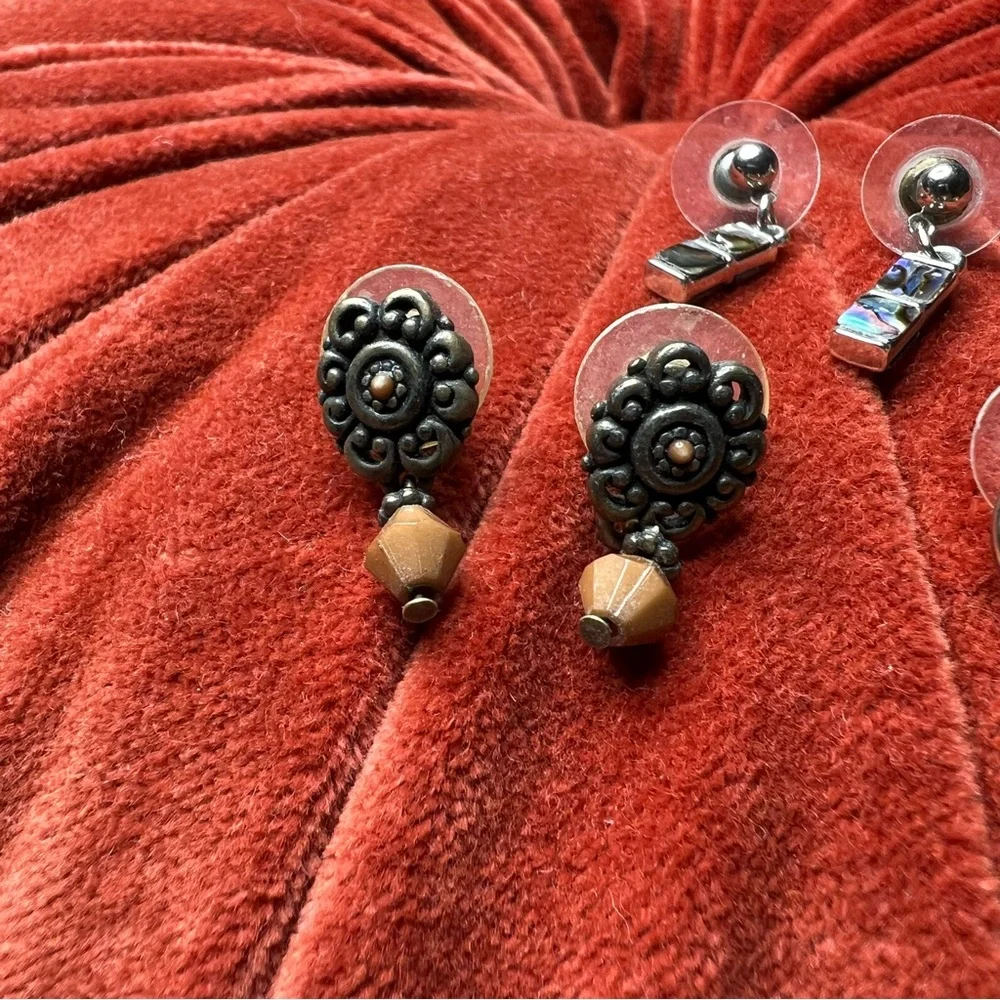 Vintage Earring Bundle Set of Three Double Hoop Beaded Abalone Dangle Retro